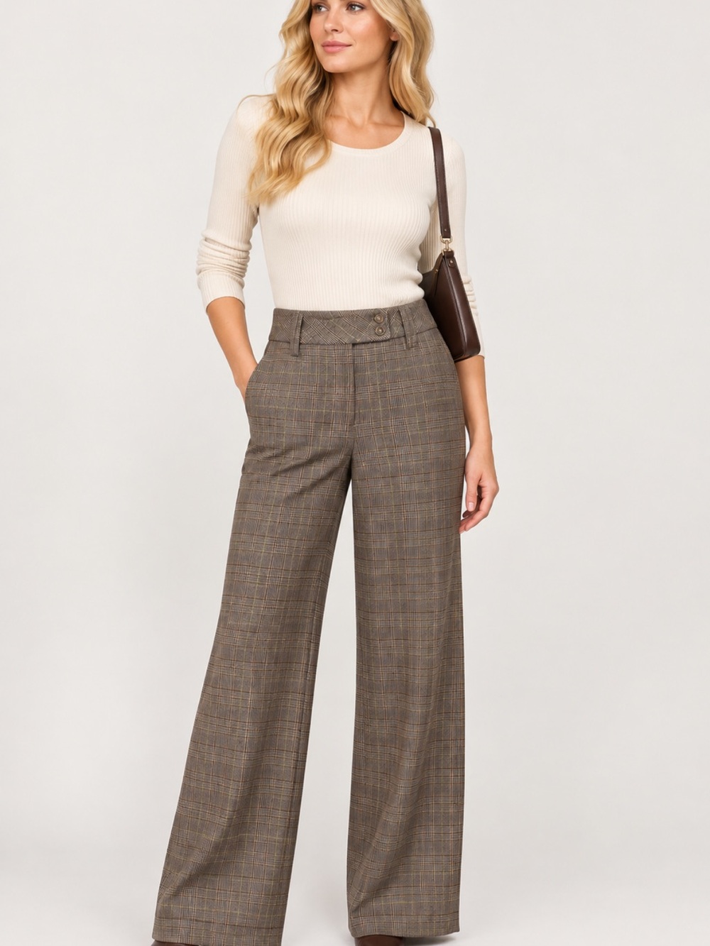 Dalia Vintage Plaid Wide Leg Pants Women’s Size 8 Brown Taupe 90s Trousers